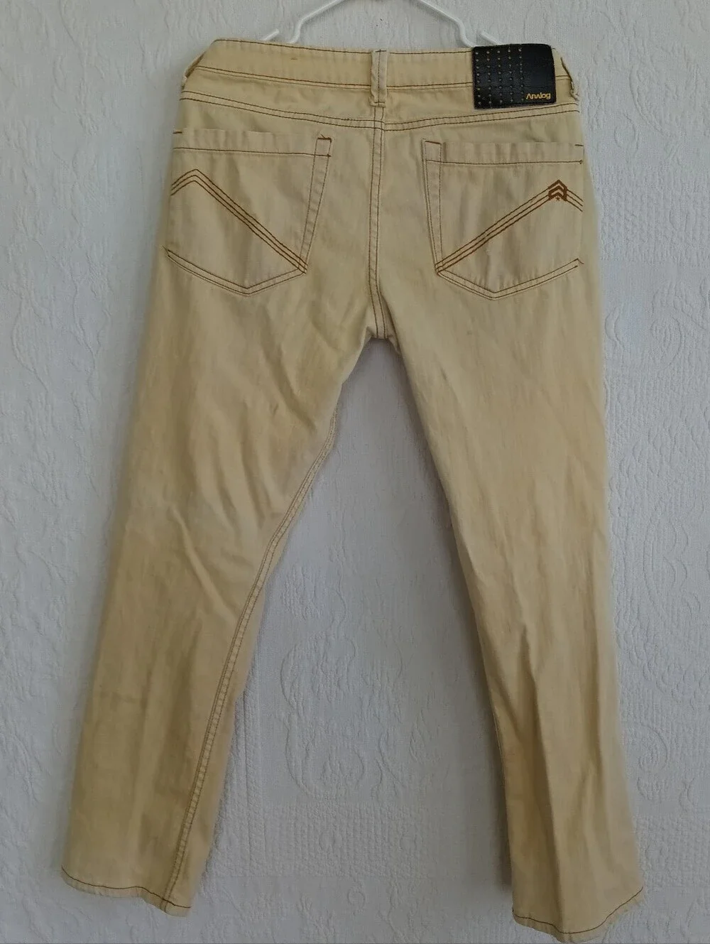 Analog Ochre Yellow Slim Straight Jeans Mid Rise Beige Tan Distressed Faded Punk